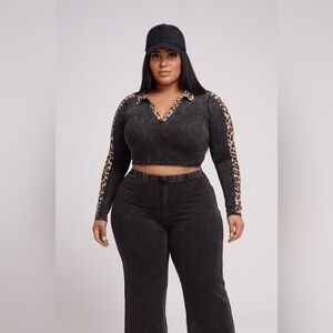 Maya Leopard Detail Curvy Plus Size Mineral washed Crop Top & Pants